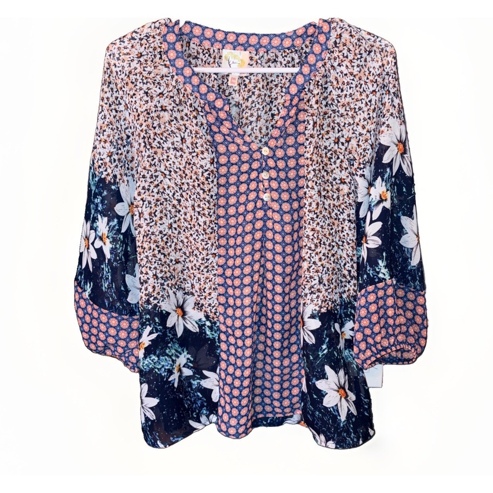 Fig And Flower PS Patchwork Print Sheer Flowy Bohemian Tunic Shirt Blouse